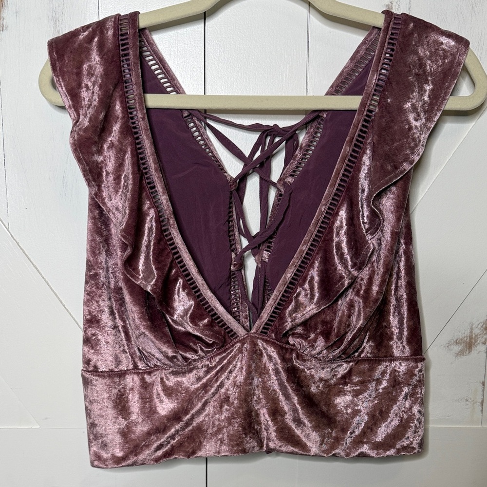Free People Lilian Velvet Lace Up Back Ruffle Crop Top Lavender - Picture 2 of 7